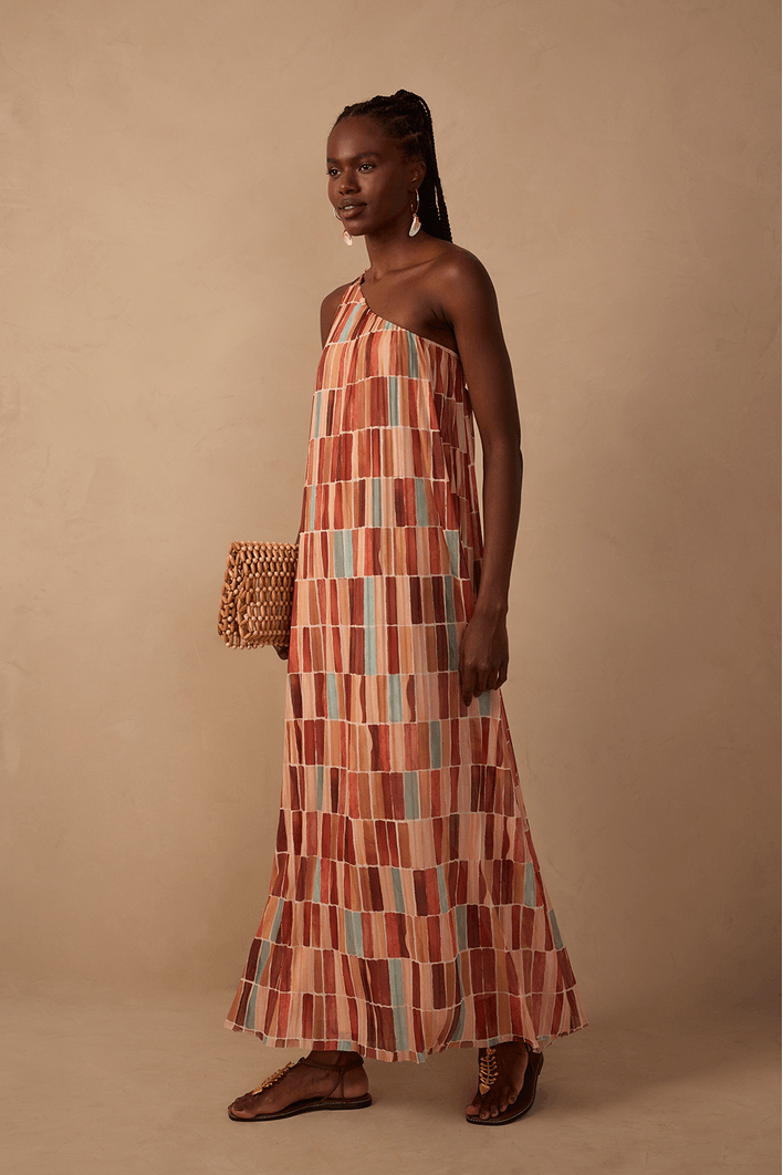 Vestido Plissado Tule Estampa Argile