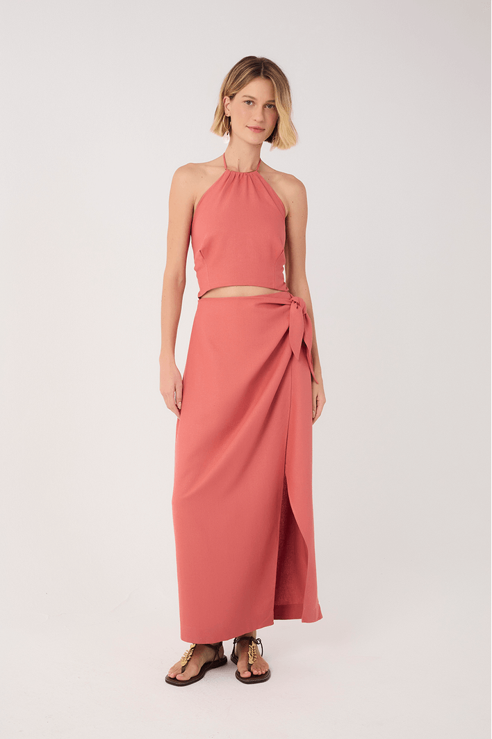 Vestido Midi Linho Decote Metal