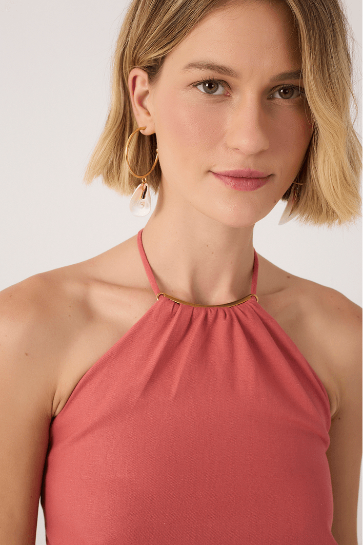 Vestido Midi Linho Decote Metal