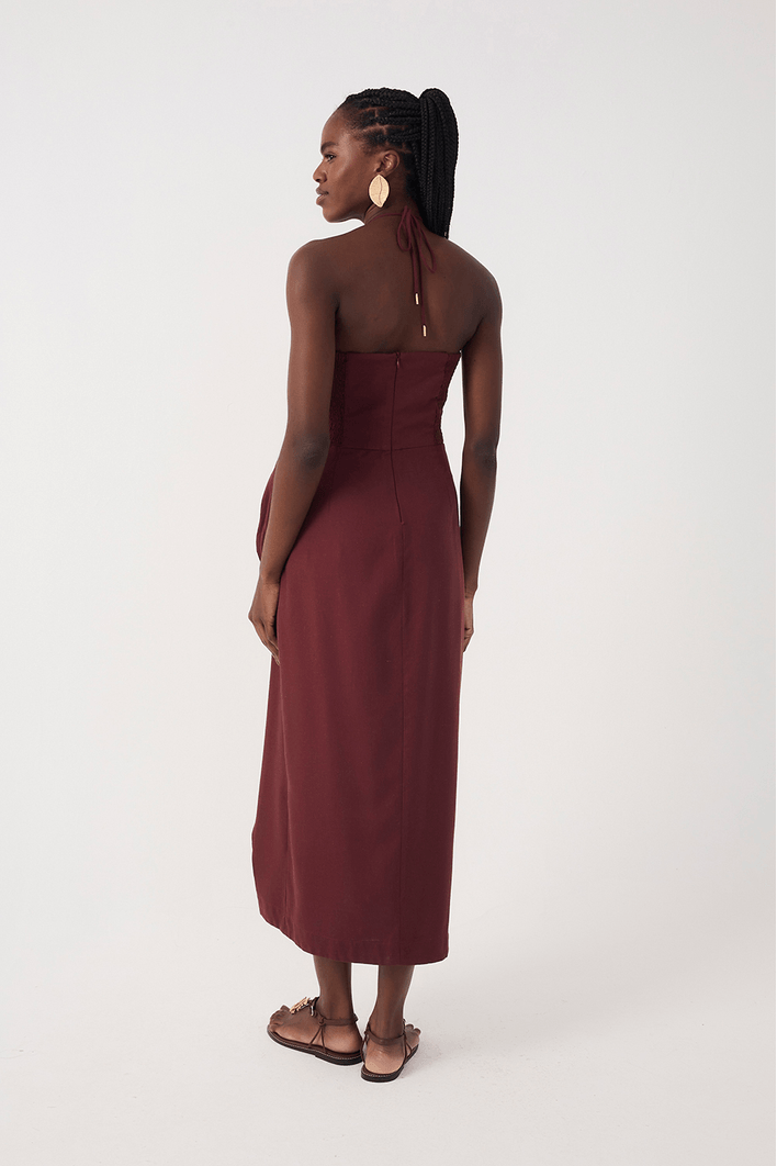 Vestido Midi Linho Decote Metal