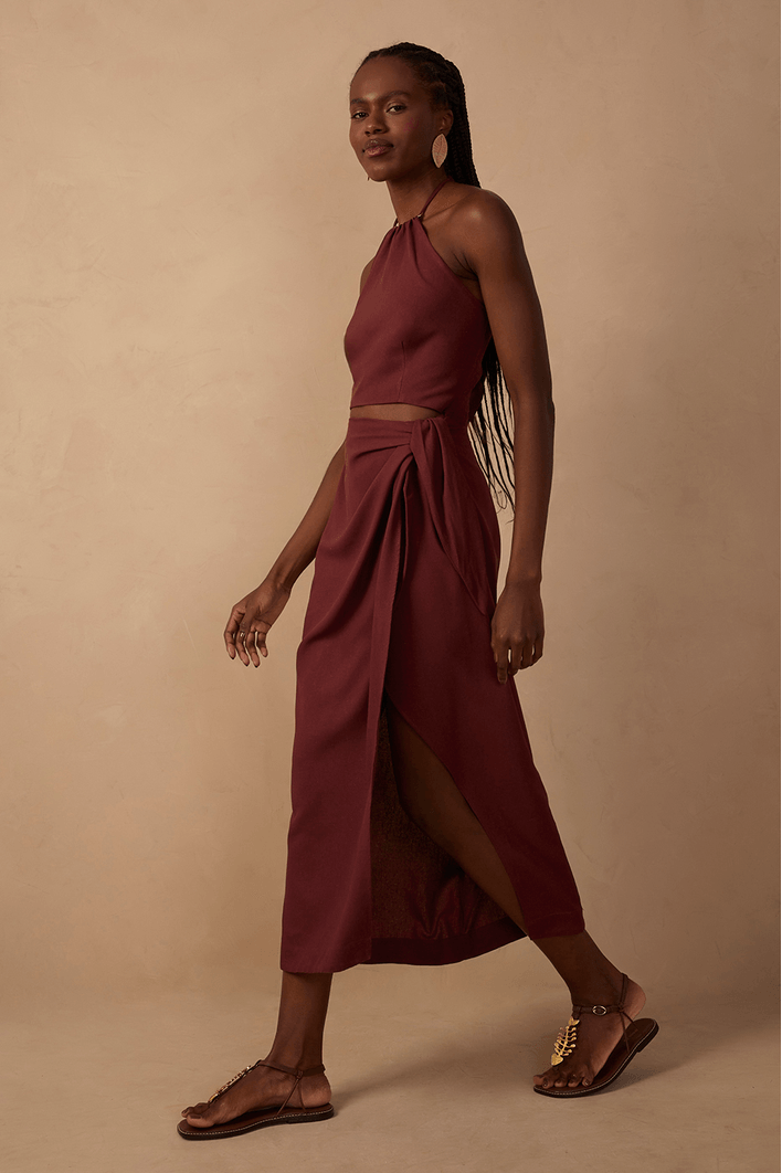Vestido Midi Linho Decote Metal