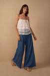 Calça Jeans Pantalona Pregas