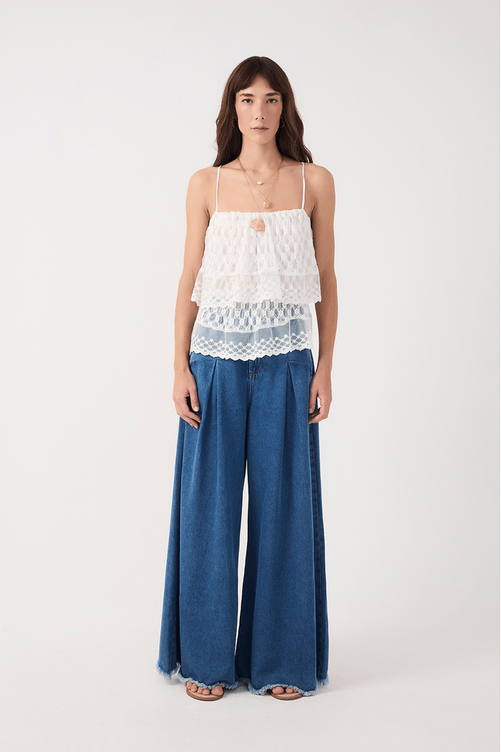 Calça Jeans Pantalona Pregas