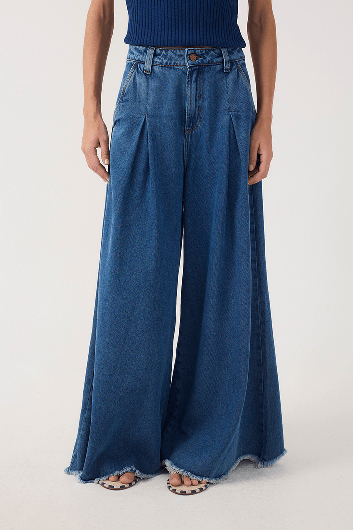 Calça Jeans Pantalona Pregas