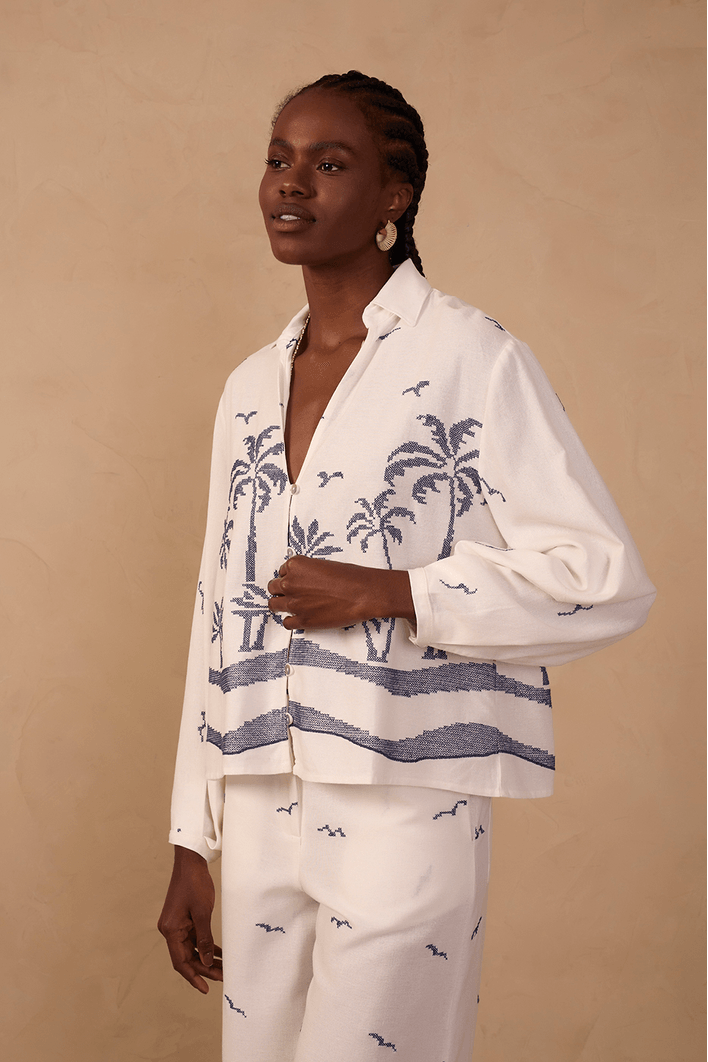 Camisa Linho Bordado Coqueiro