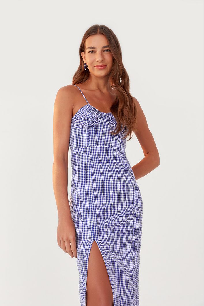 Vestido Midi Xadrez Amarração Ombro