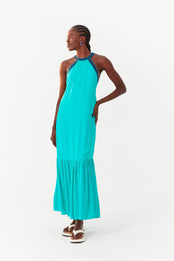 Vestido Longuete Crepe Decote Retilinea