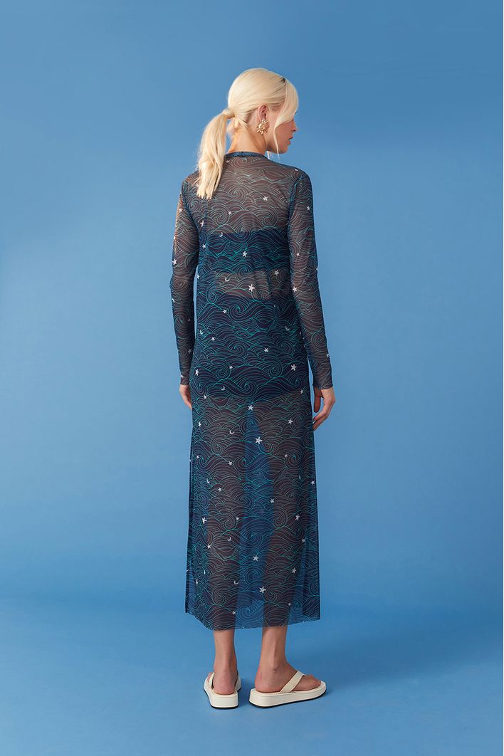Vestido Reto Tule Estampa Maré Cheia