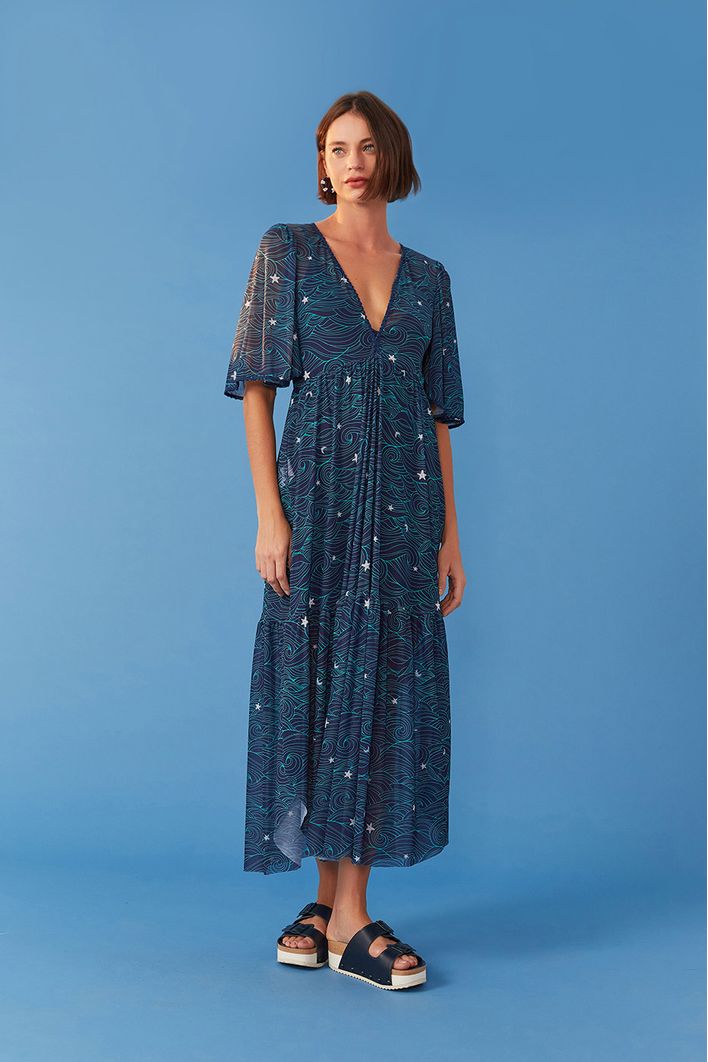 Vestido Tule Longo Estampa Maré Cheia