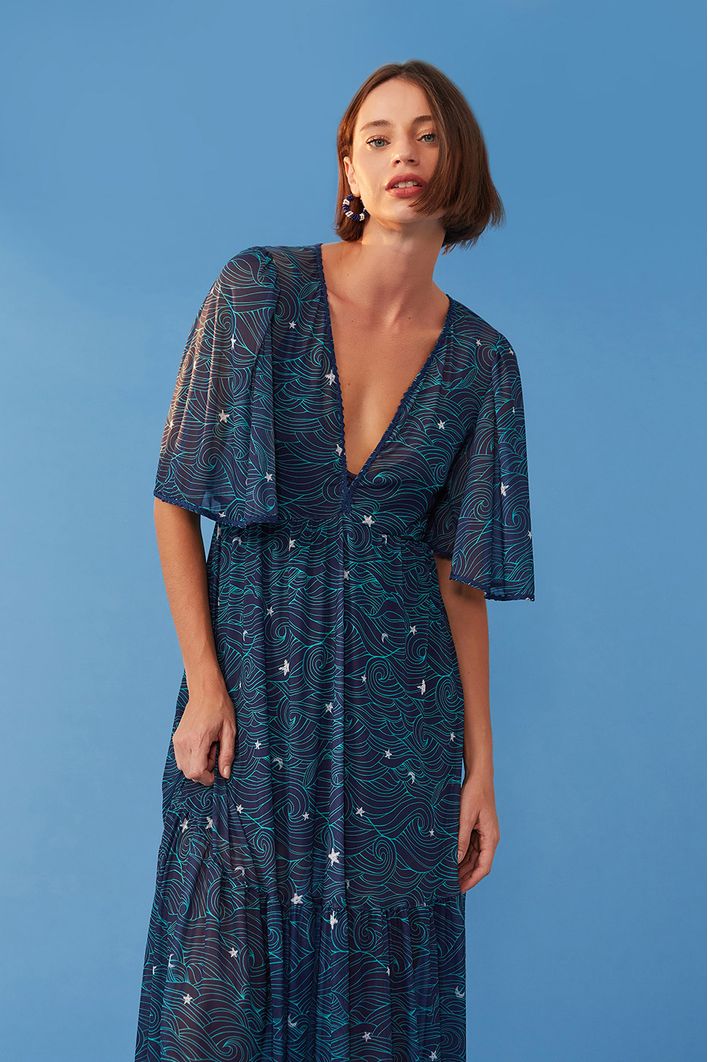 Vestido Tule Longo Estampa Maré Cheia