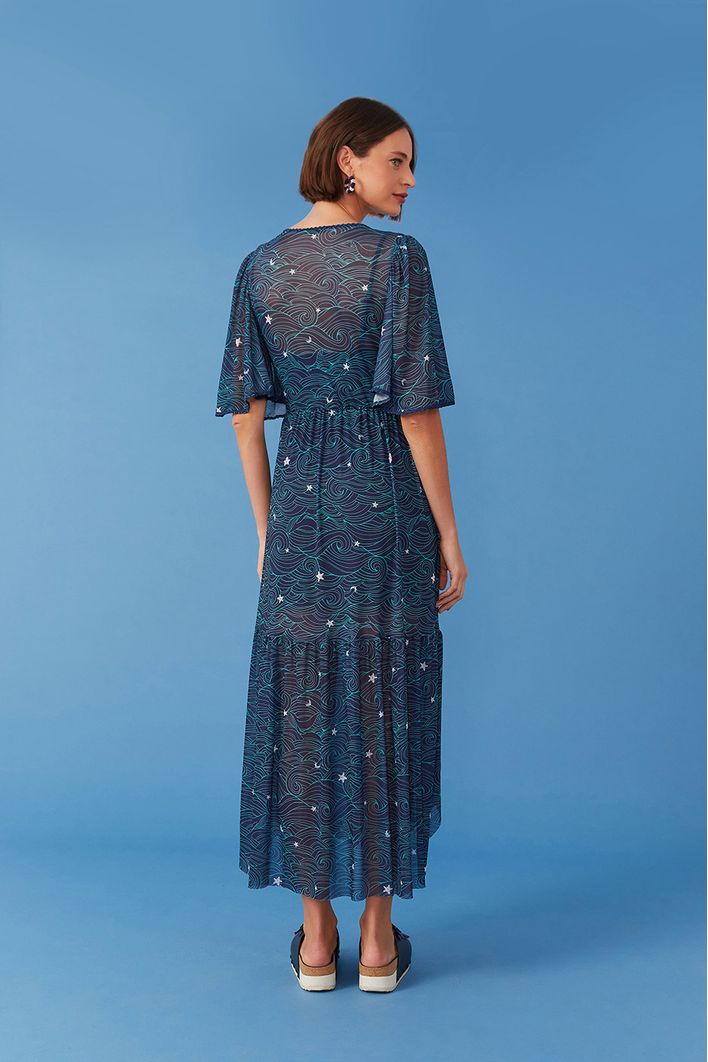 Vestido Tule Longo Estampa Maré Cheia