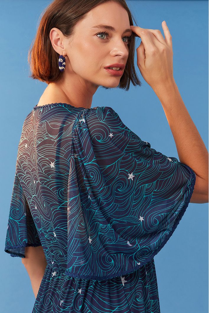 Vestido Tule Longo Estampa Maré Cheia
