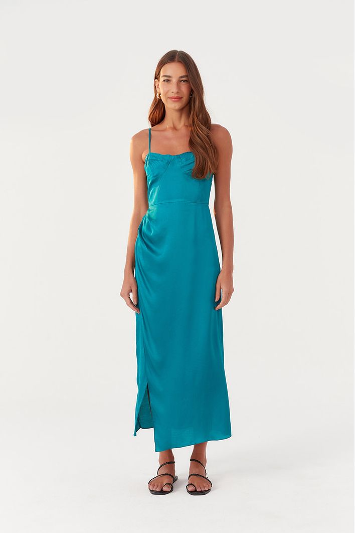 Vestido Midi Cetim Recorte Busto