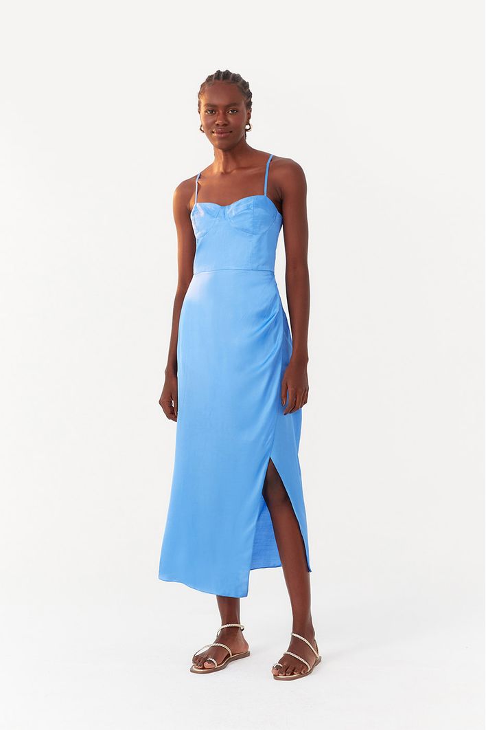 Vestido Midi Cetim Recorte Busto