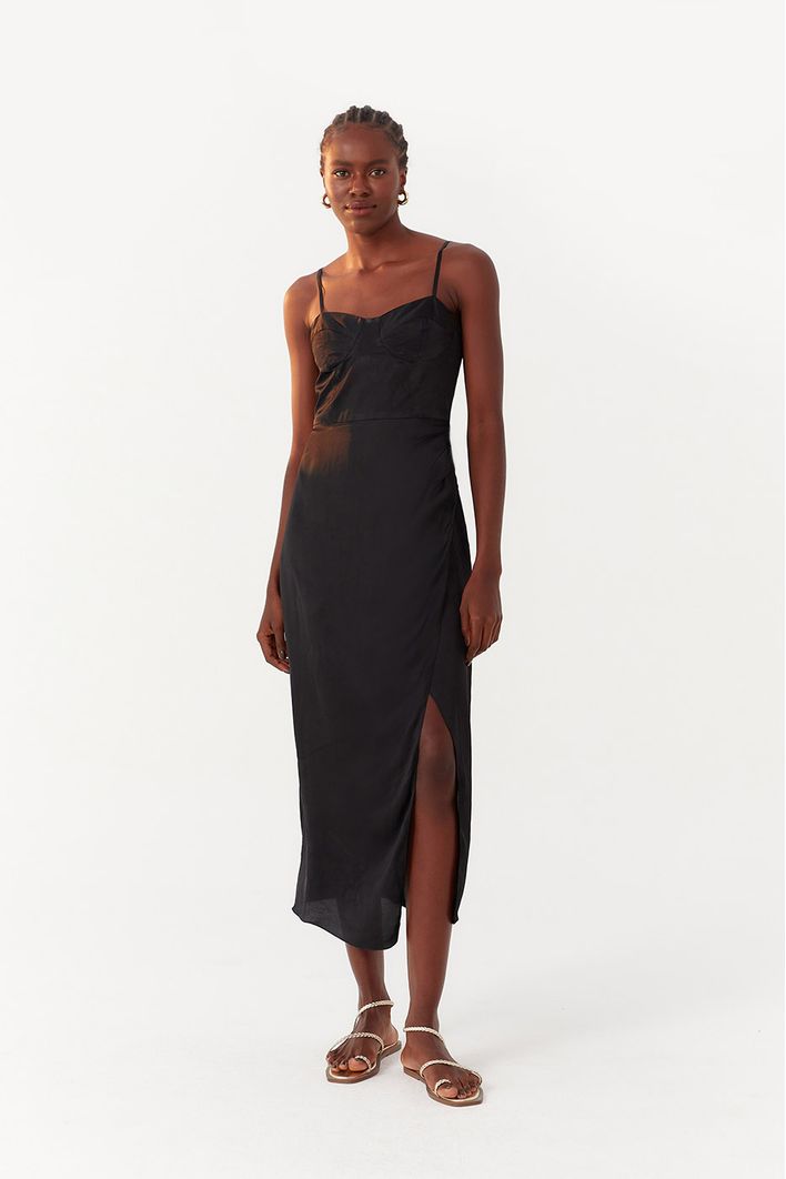 Vestido Midi Cetim Recorte Busto