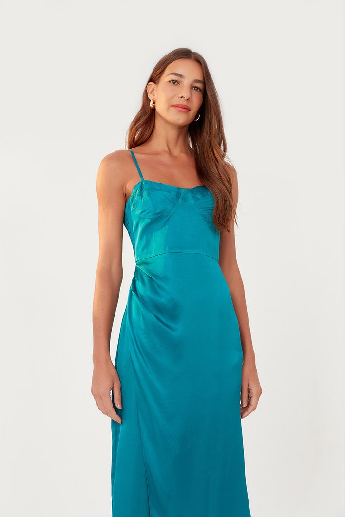 Vestido Midi Cetim Recorte Busto