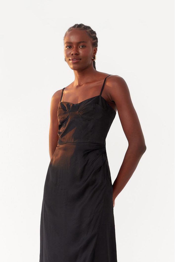 Vestido Midi Cetim Recorte Busto