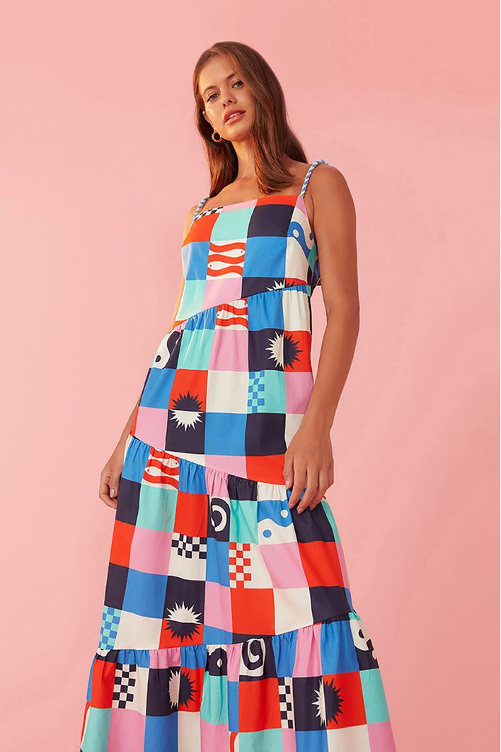 Vestido Cropped Estampa Xadrez Navy