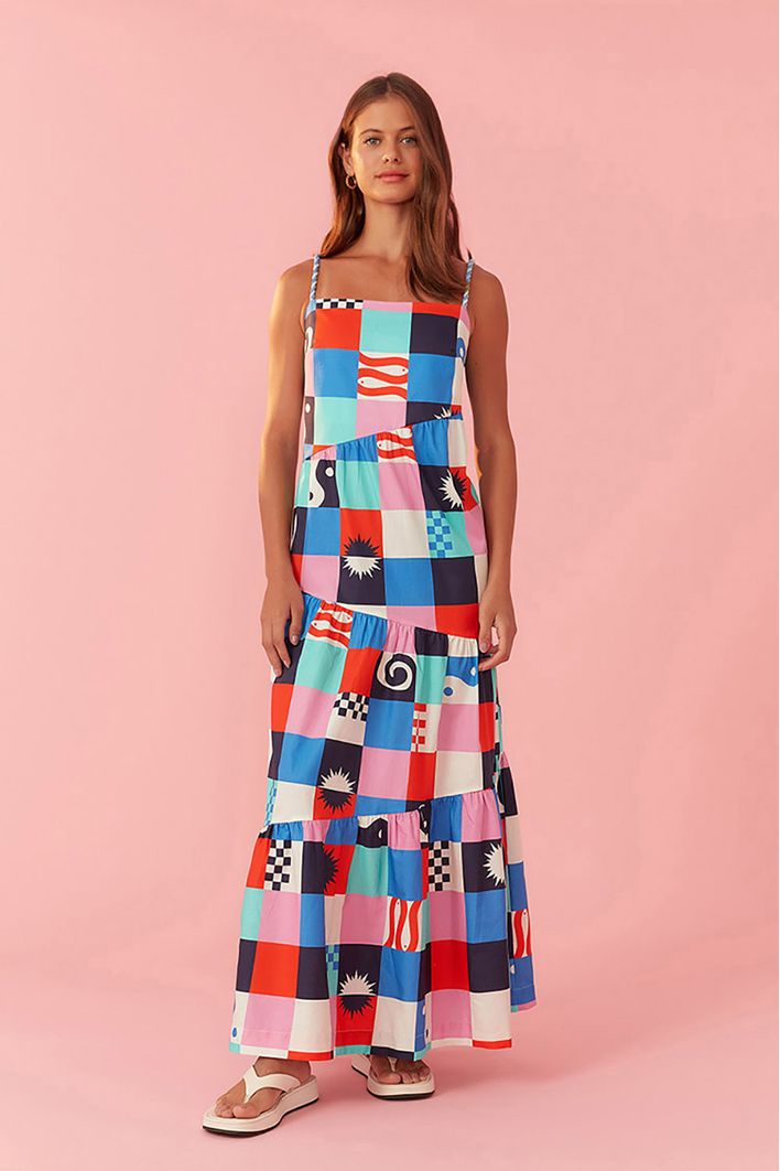 Vestido Cropped Estampa Xadrez Navy