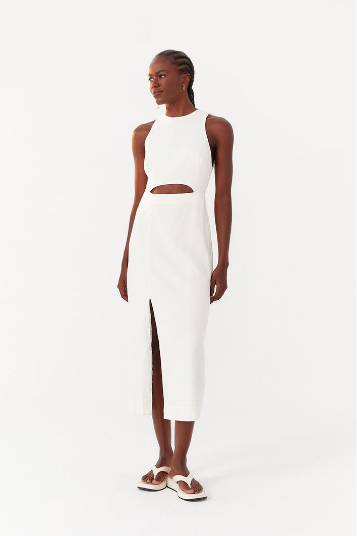 Vestido Linho Longuete Fenda Frente