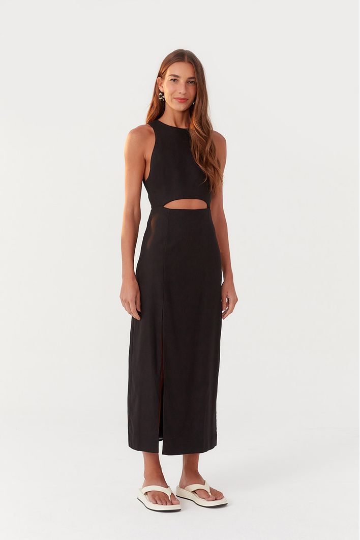 Vestido Linho Longuete Fenda Frente