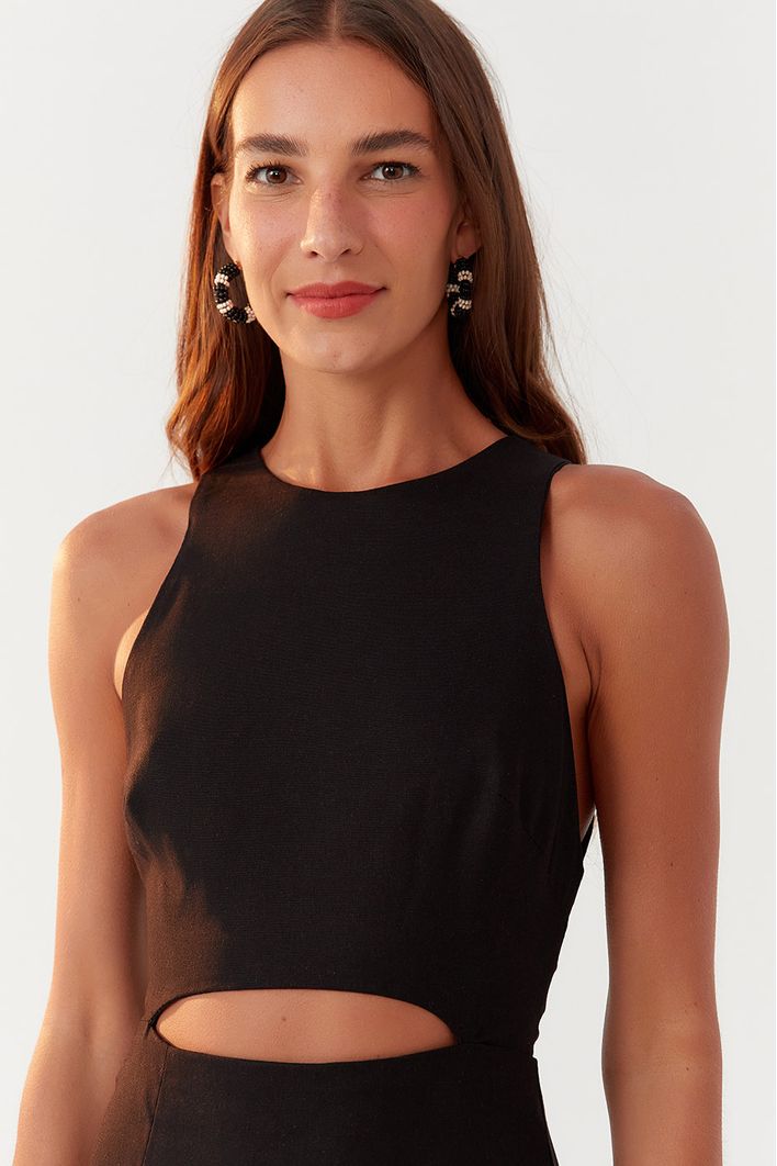 Vestido Linho Longuete Fenda Frente