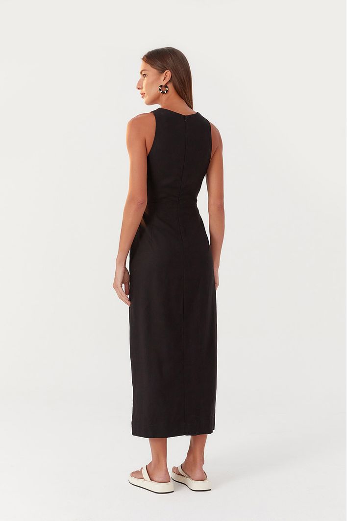 Vestido Linho Longuete Fenda Frente