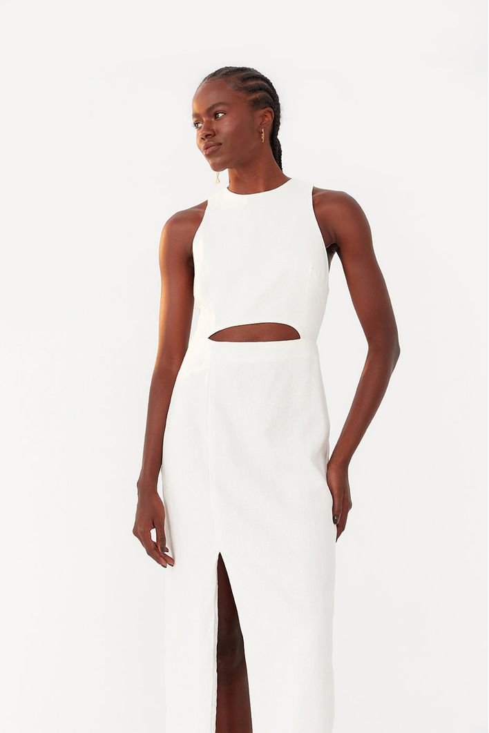 Vestido Linho Longuete Fenda Frente