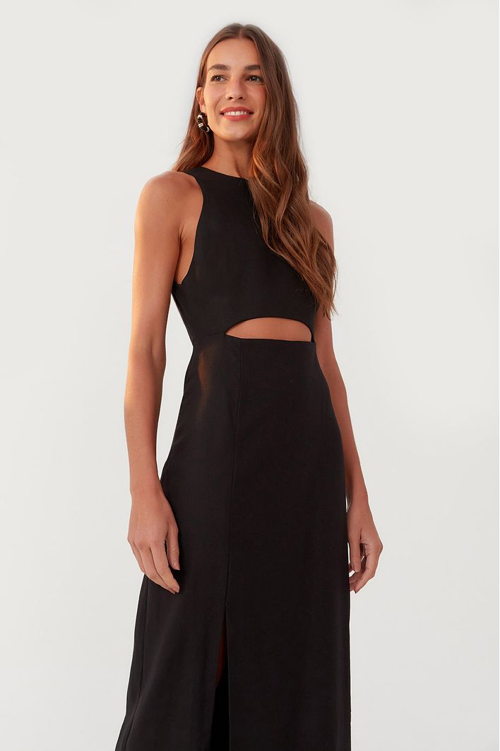 Vestido Linho Longuete Fenda Frente