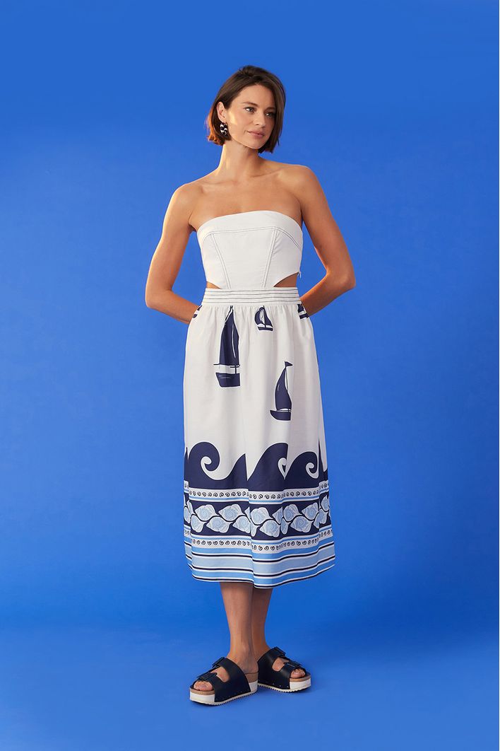 Vestido Midi Pespontos Estampa Maresia