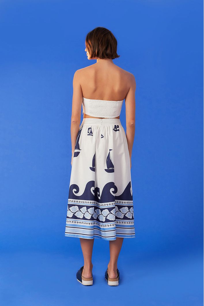 Vestido Midi Pespontos Estampa Maresia