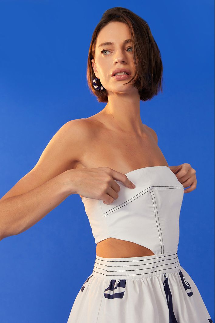 Vestido Midi Pespontos Estampa Maresia