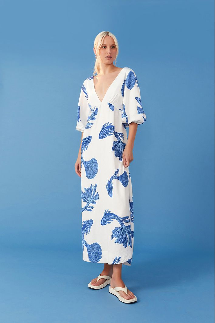 Vestido Cropped Linho Estampa Cardume