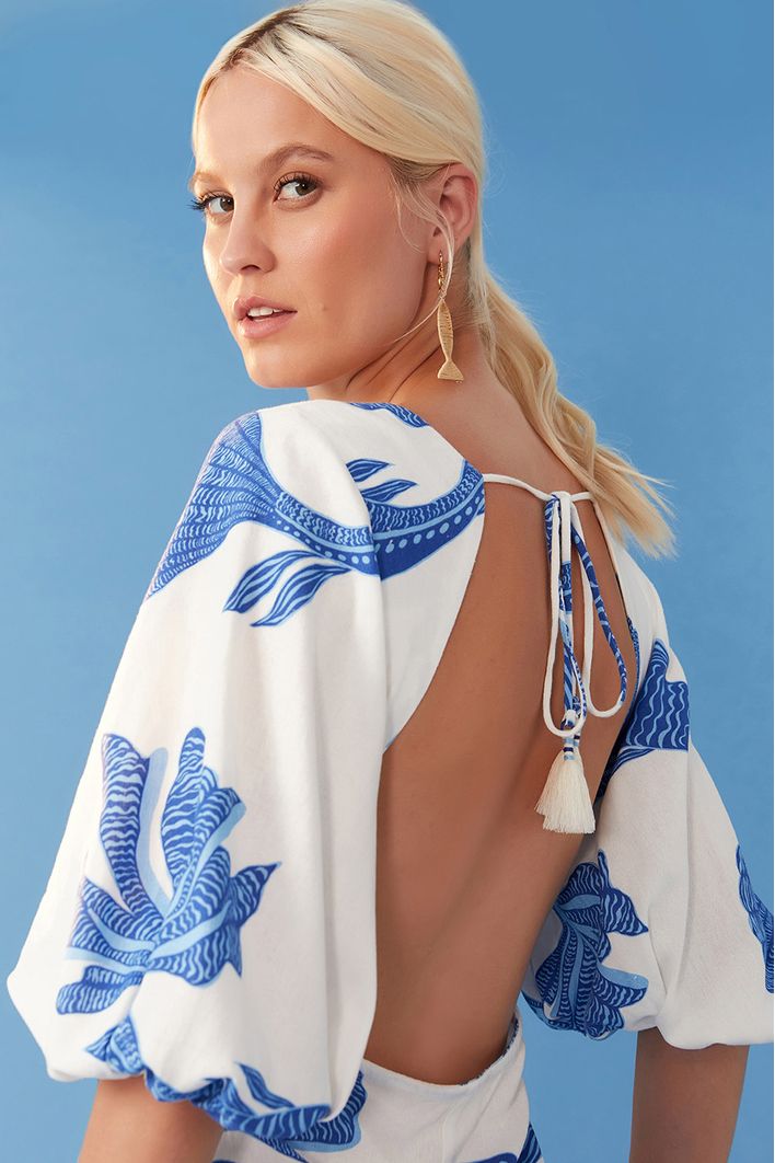 Vestido Cropped Linho Estampa Cardume