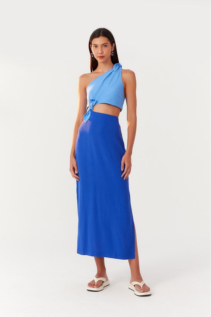 Vestido Longuete Um Ombro Só Bicolor