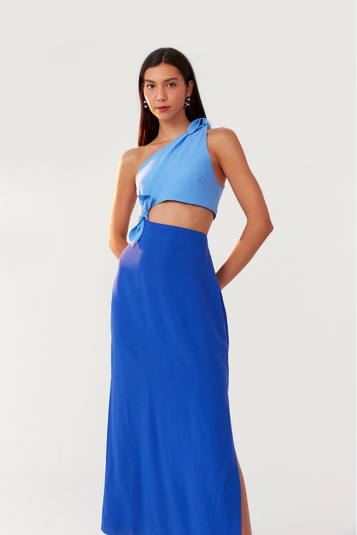 Vestido Longuete Um Ombro Só Bicolor