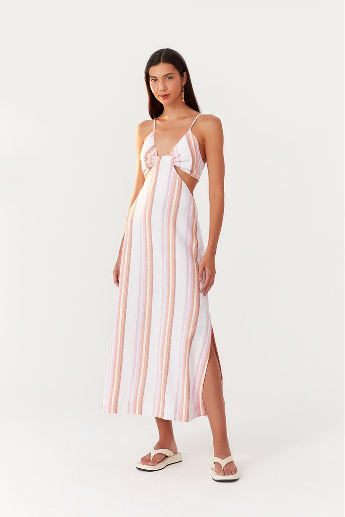 Vestido Longuete Listras Decote Lateral
