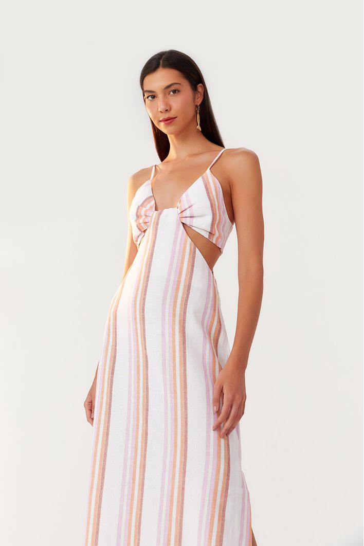 Vestido Longuete Listras Decote Lateral