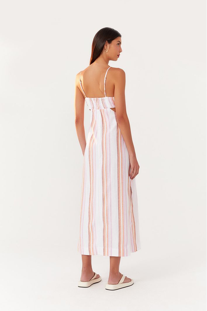 Vestido Longuete Listras Decote Lateral