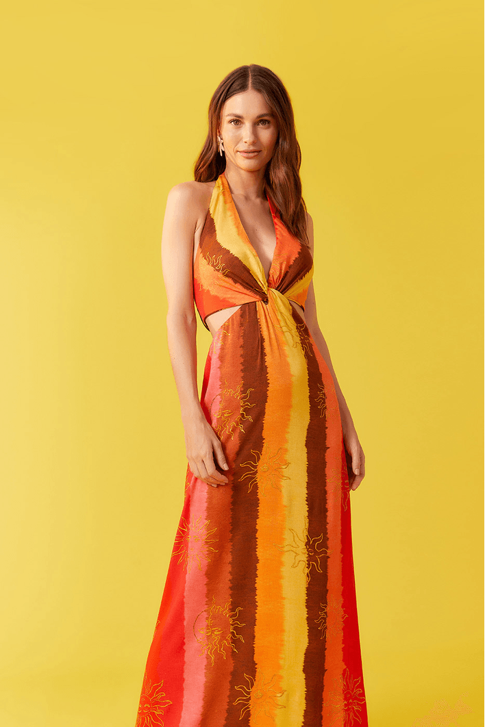 Vestido Longo Nó Cetim Estampa Trópicos