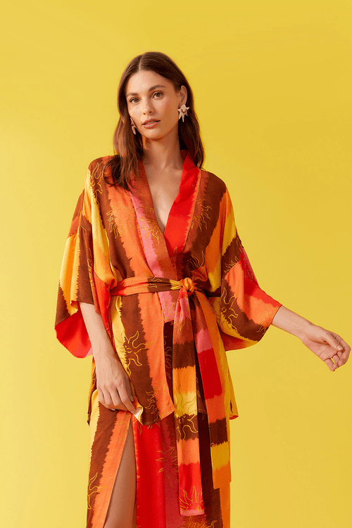 Kimono Cetim Estampa Trópicos