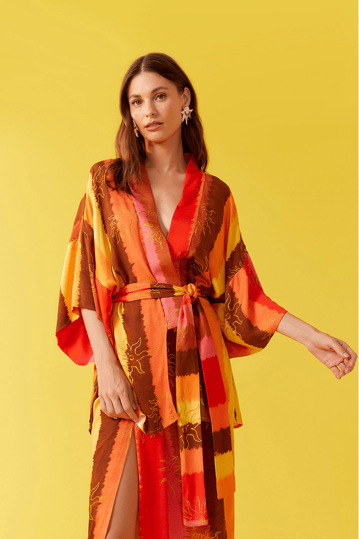 Kimono Cetim Estampa Trópicos