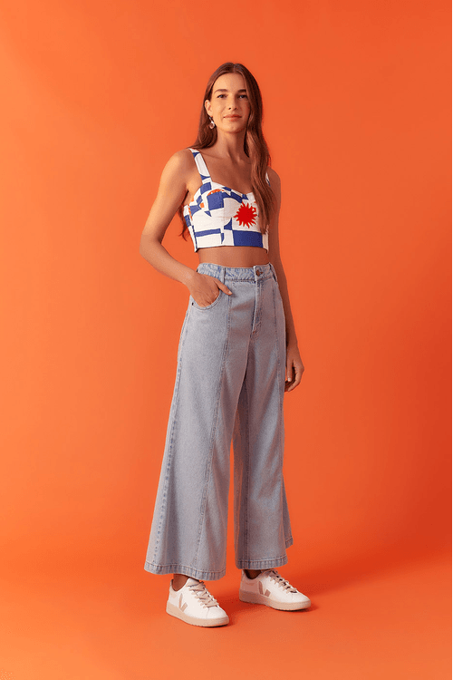 Calça Jeans Cropped Pespontos