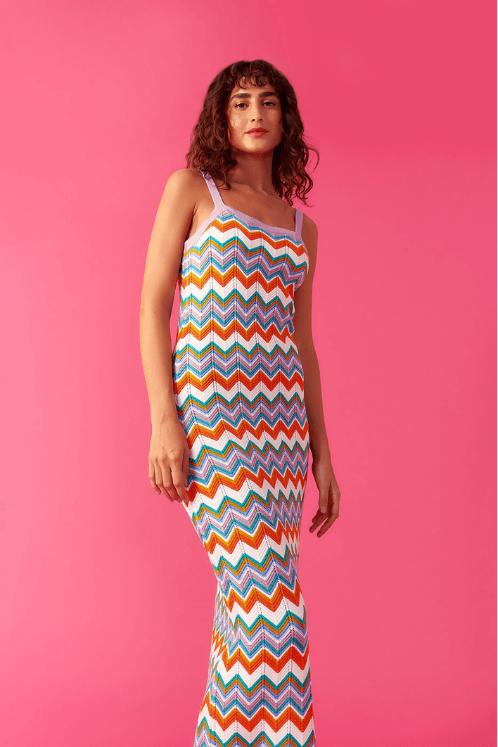 Vestido Cropped Tricot Jacquard Zig Zag