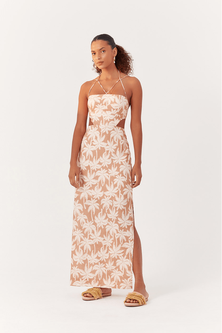 Vestido Longo Linho Estampa Coqueiral