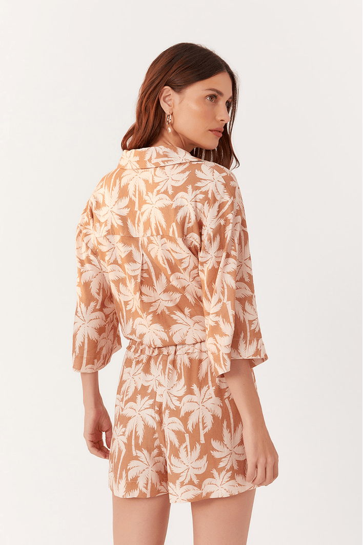 Short Amplo Linho Estampa Coqueiral