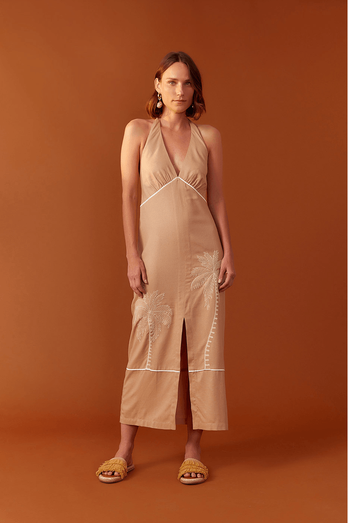 Vestido Linho Cropped Bordado Coqueiro