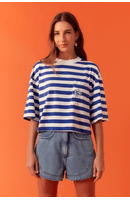 T-shirt Estampa Listra Azul Com Bordado