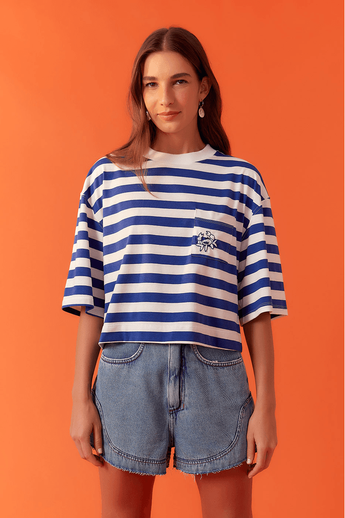 T-shirt Estampa Listra Azul Com Bordado