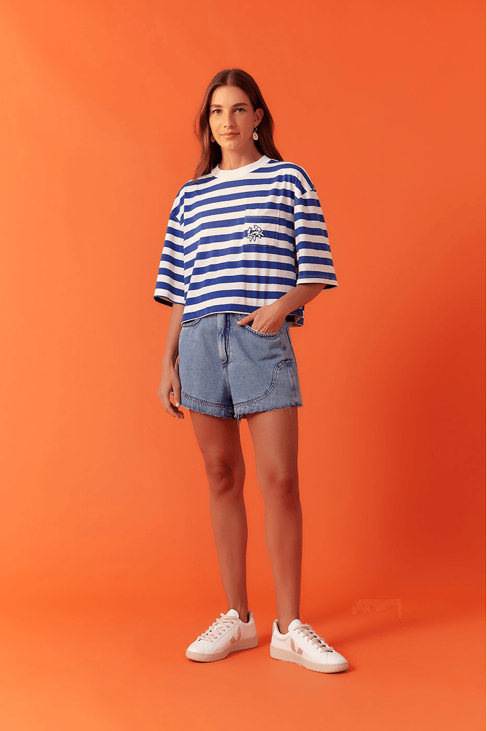 T-shirt Estampa Listra Azul Com Bordado